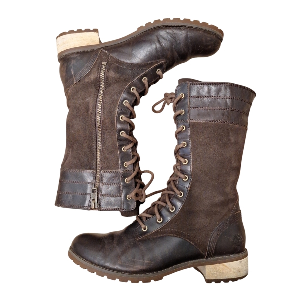 Timberland Dark Brown Lace Up Side Zip Block Heel Tall Leather Combat Boots 7